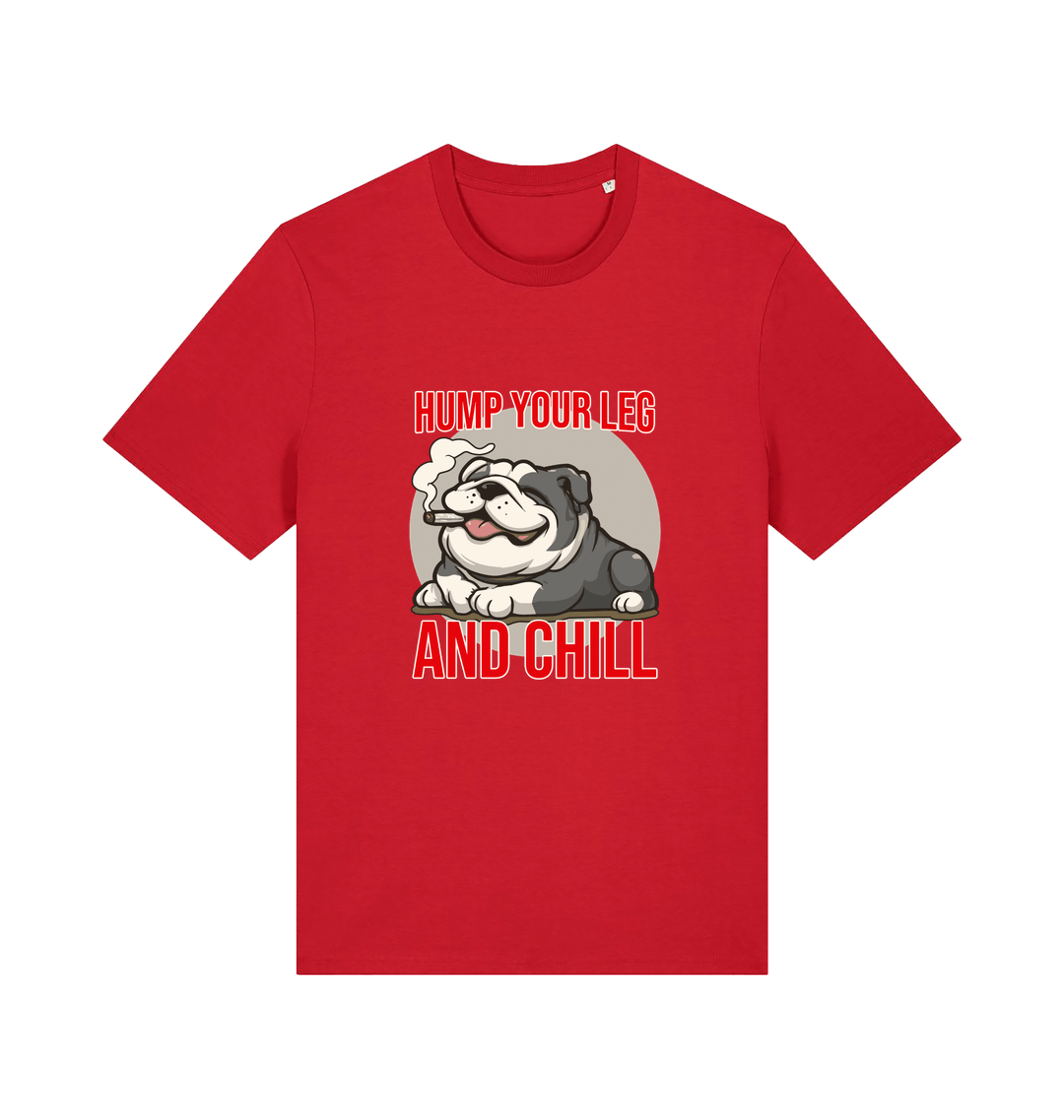 red funny dog t-shirt with a graphic of a dog and the slogan 'Hump Your Leg and Chill' 