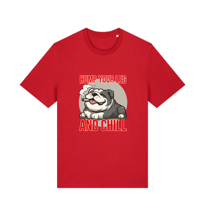 red funny dog t-shirt with a graphic of a dog and the slogan 'Hump Your Leg and Chill' 