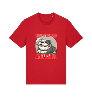 red funny dog t-shirt with a graphic of a dog and the slogan 'Hump Your Leg and Chill' 