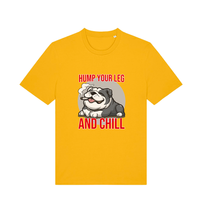 yellow funny dog t-shirt with a graphic of a dog and the slogan 'Hump Your Leg and Chill' 