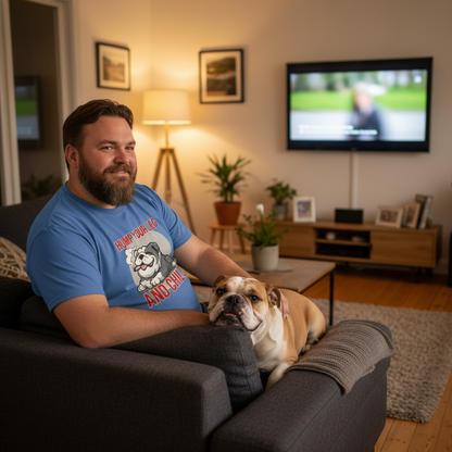Man sitting on a couch with a dog, both looking at the camera in a living room setting.