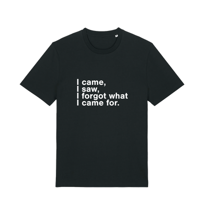 black sarcastic t-shirt with the slogan 'i came i saw i forgot what i came for'