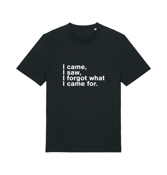 black sarcastic t-shirt with the slogan 'i came i saw i forgot what i came for'
