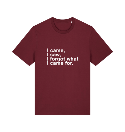 burgundy sarcastic t-shirt with the slogan 'i came i saw i forgot what i came for'