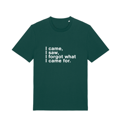 green sarcastic t-shirt with the slogan 'i came i saw i forgot what i came for'