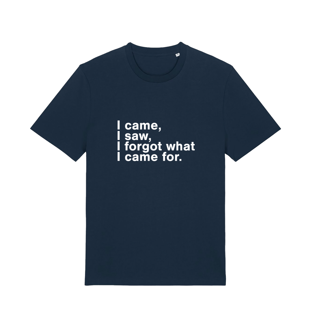 navy sarcastic t-shirt with the slogan 'i came i saw i forgot what i came for'