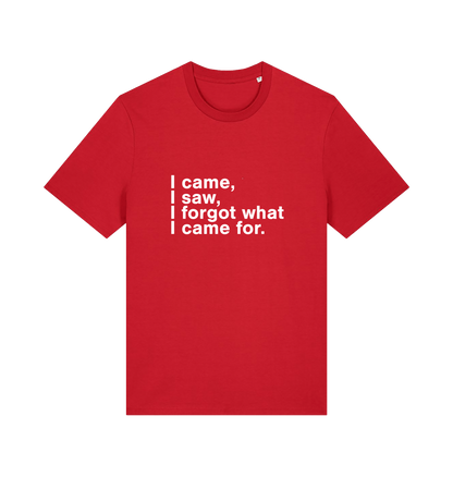 red sarcastic t-shirt with the slogan 'i came i saw i forgot what i came for'