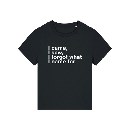 black funny slogan t-shirt that reads 'i came, i saw, i forgot what i came for'