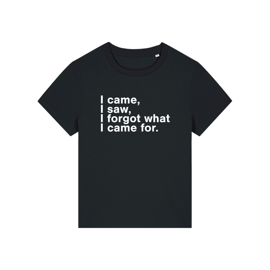 black funny slogan t-shirt that reads 'i came, i saw, i forgot what i came for'