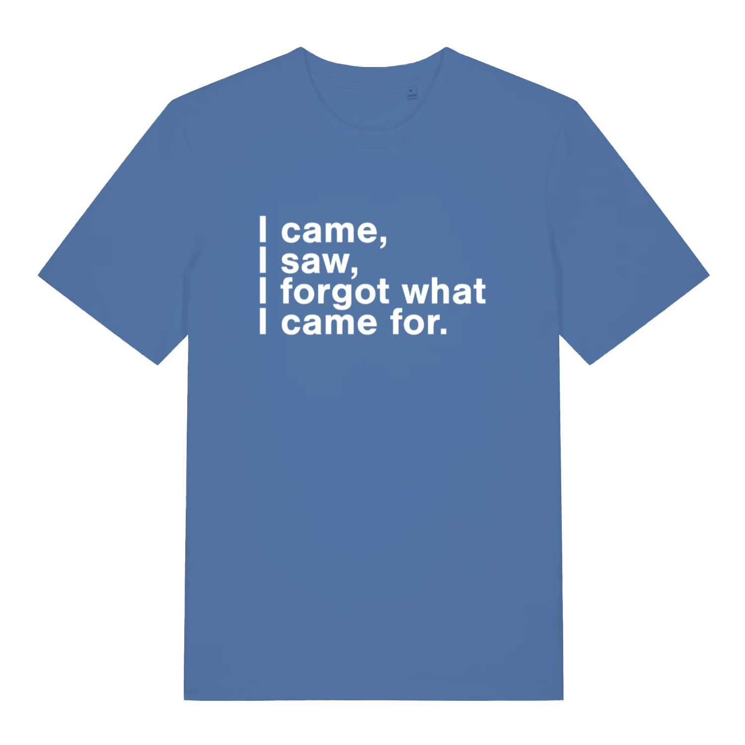 blue women's slogan t-shirt with the text 'i came i saw i forgot what i came for'