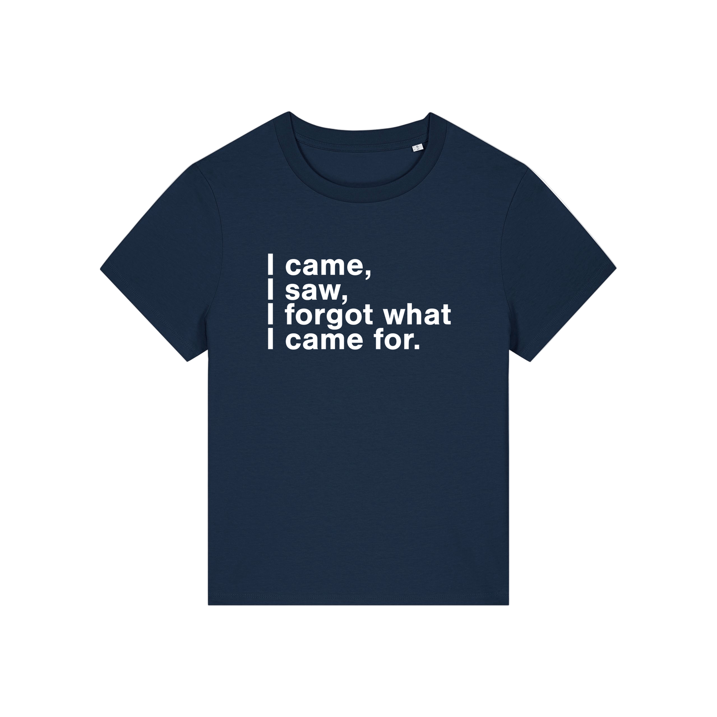 navy funny slogan t-shirt that reads 'i came, i saw, i forgot what i came for'