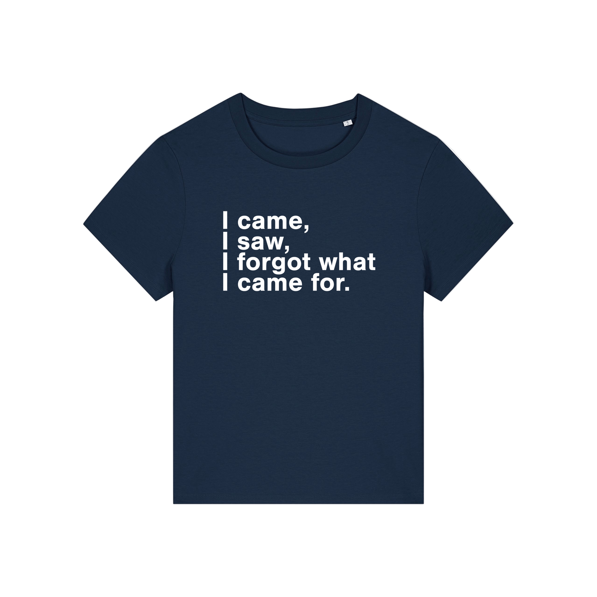 navy funny slogan t-shirt that reads 'i came, i saw, i forgot what i came for'