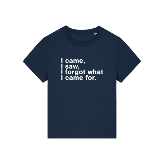 navy funny slogan t-shirt that reads 'i came, i saw, i forgot what i came for'