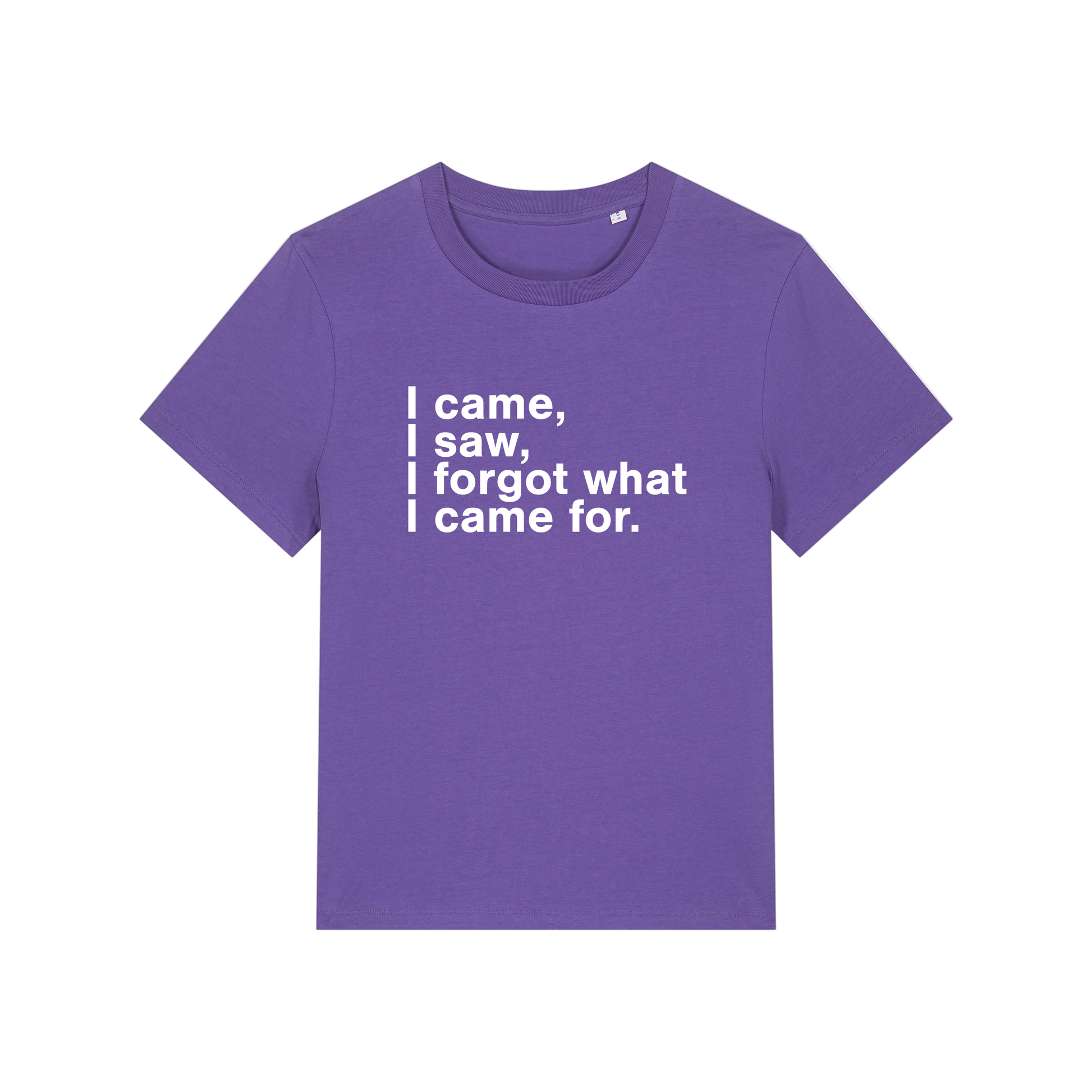 purple funny slogan t-shirt that reads 'i came, i saw, i forgot what i came for'