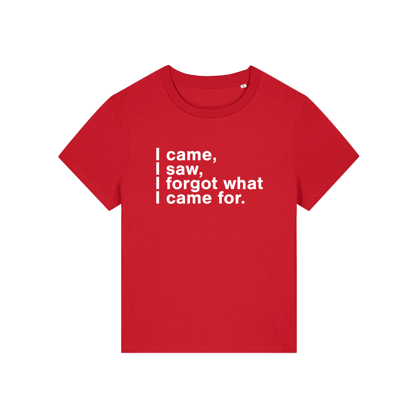 red funny slogan t-shirt that reads 'i came, i saw, i forgot what i came for'