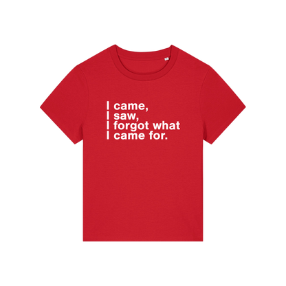 red funny slogan t-shirt that reads 'i came, i saw, i forgot what i came for'