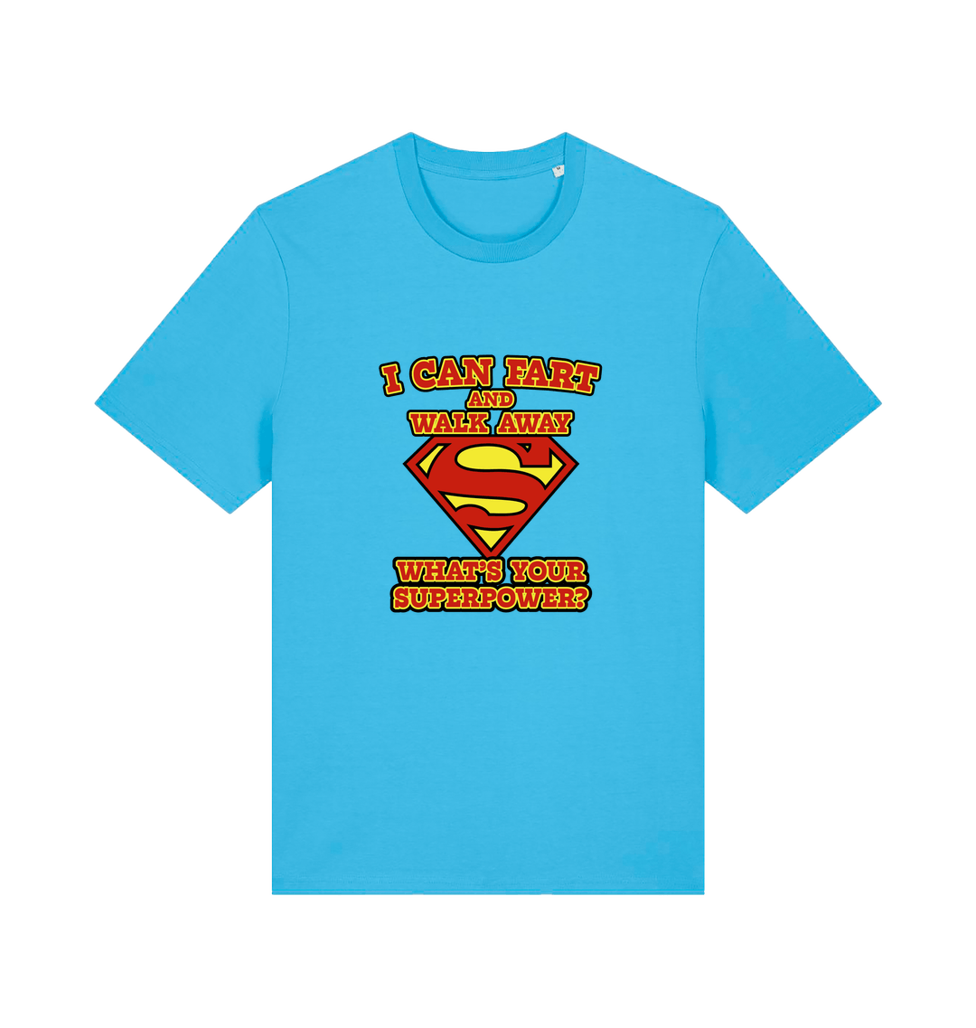 Blue funny dad t-shirt with Superman logo and slogan 'i can fart and walk away what's your superpower'