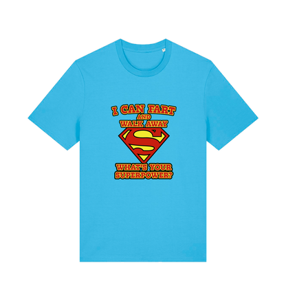 Blue funny dad t-shirt with Superman logo and slogan 'i can fart and walk away what's your superpower'