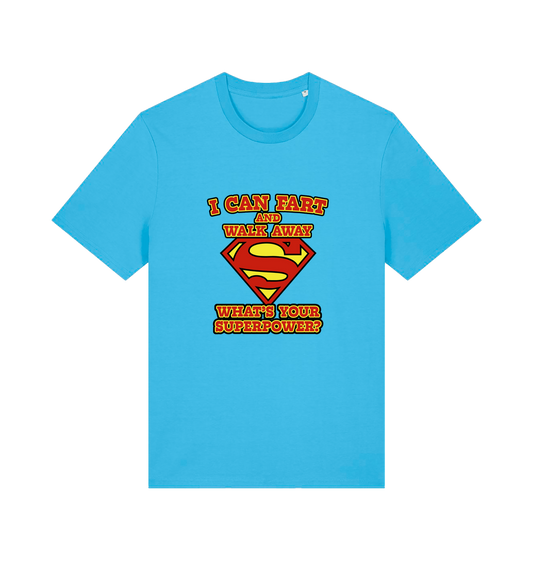 Blue funny dad t-shirt with Superman logo and slogan 'i can fart and walk away what's your superpower'