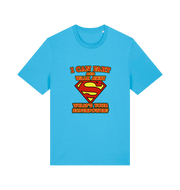 Blue funny dad t-shirt with Superman logo and slogan 'i can fart and walk away what's your superpower'
