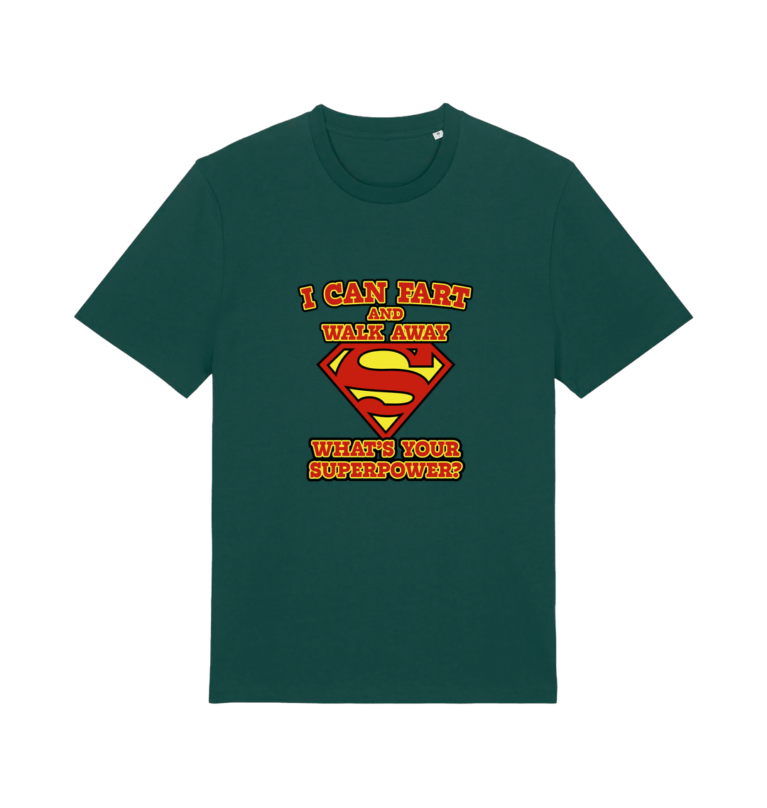green funny dad t-shirt with Superman logo and slogan 'i can fart and walk away what's your superpower'