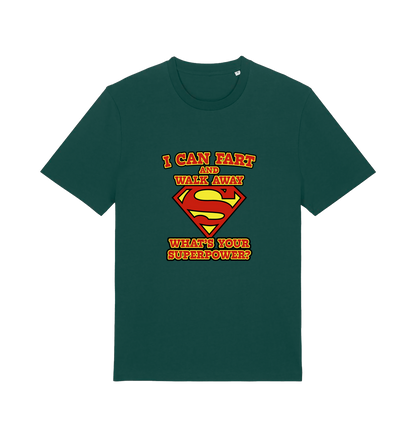 green funny dad t-shirt with Superman logo and slogan 'i can fart and walk away what's your superpower'