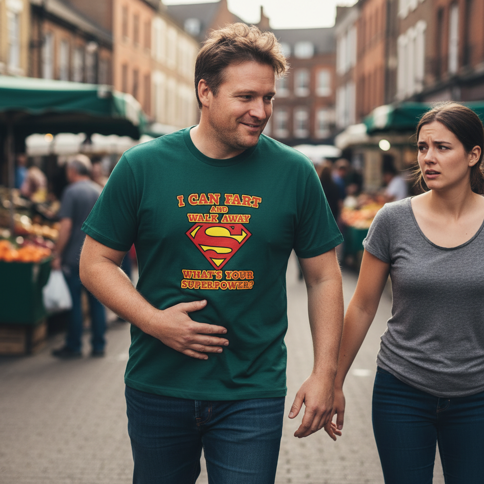 Man wearing a green t-shirt with a Superman logo and text, walking with a woman on a street.