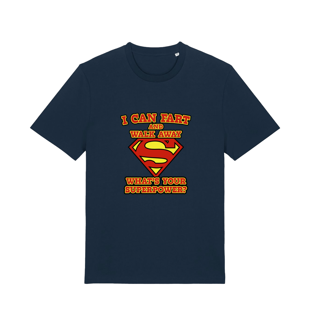 navy funny dad t-shirt with Superman logo and slogan 'i can fart and walk away what's your superpower'
