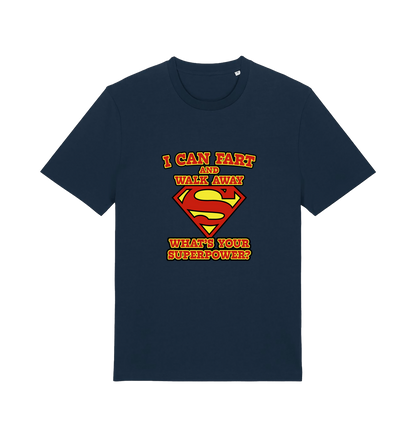 navy funny dad t-shirt with Superman logo and slogan 'i can fart and walk away what's your superpower'