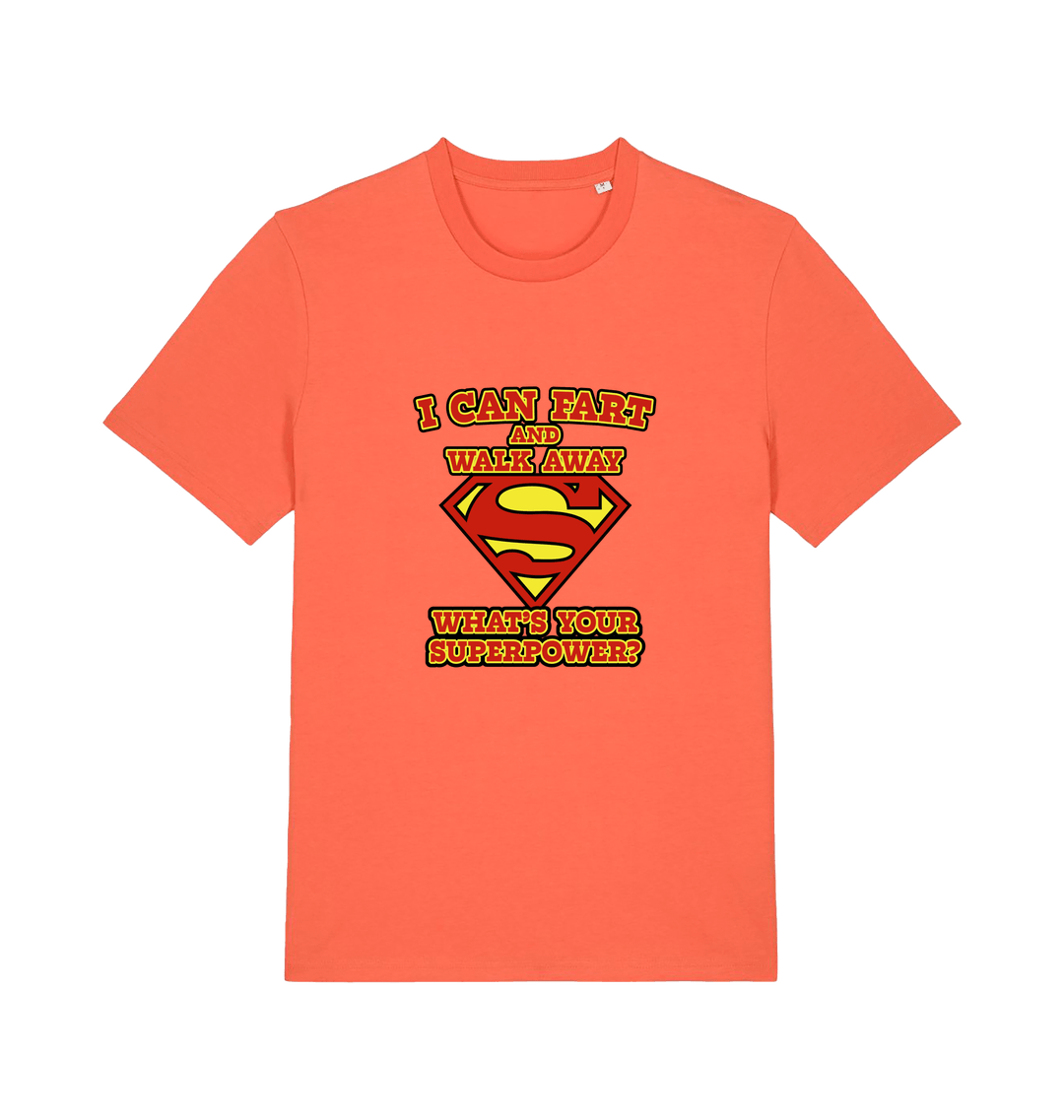 orange funny dad t-shirt with Superman logo and slogan 'i can fart and walk away what's your superpower'