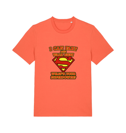 orange funny dad t-shirt with Superman logo and slogan 'i can fart and walk away what's your superpower'
