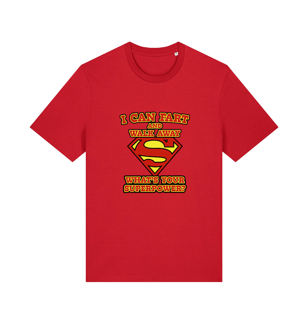 red funny dad t-shirt with Superman logo and slogan 'i can fart and walk away what's your superpower'