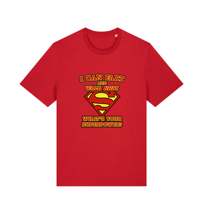 red funny dad t-shirt with Superman logo and slogan 'i can fart and walk away what's your superpower'