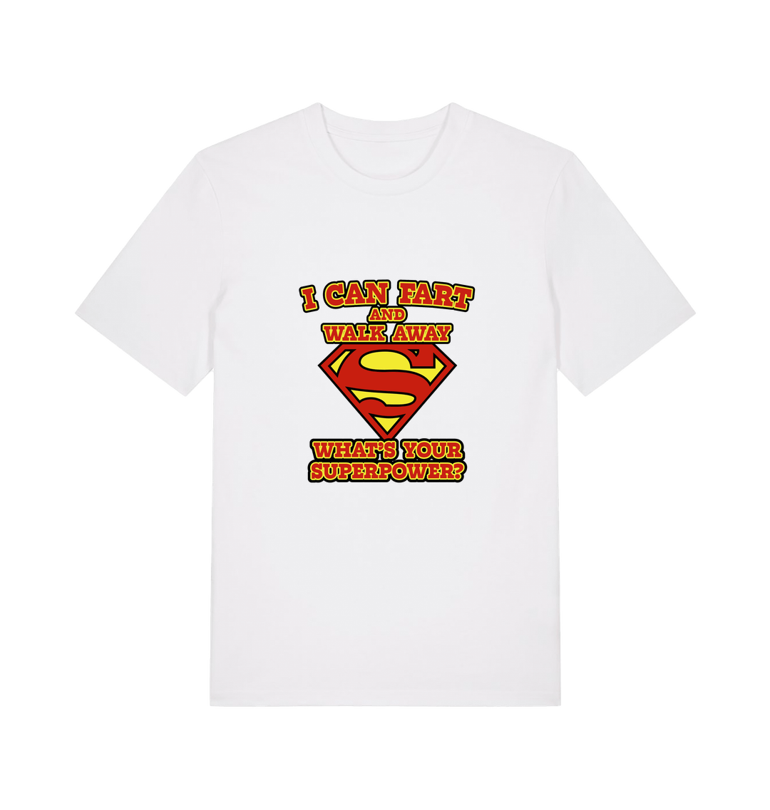 white funny dad t-shirt with Superman logo and slogan 'i can fart and walk away what's your superpower'