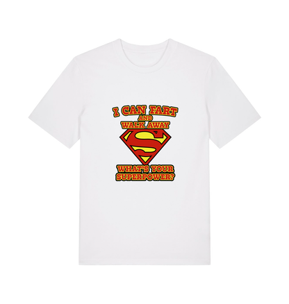 white funny dad t-shirt with Superman logo and slogan 'i can fart and walk away what's your superpower'