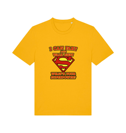 yellow funny dad t-shirt with Superman logo and slogan 'i can fart and walk away what's your superpower'