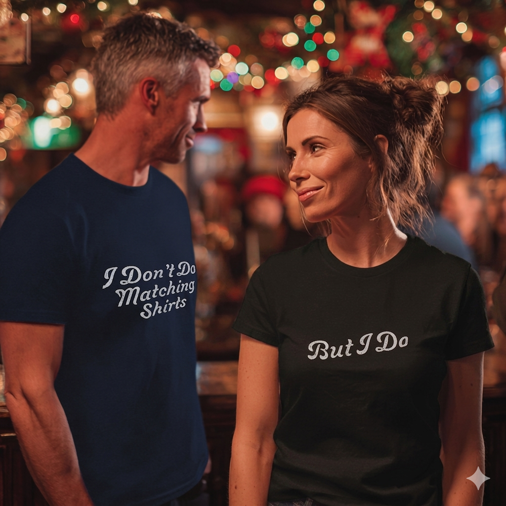 Two people wearing matching shirts with humorous text in a festive setting.