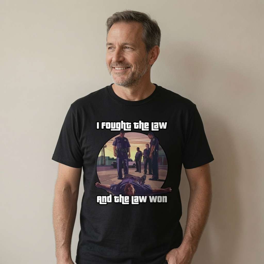 Grey-haired man smiling in black I Fought the Law and the Law Won tee with face-down character design, funny mens gaming graphic