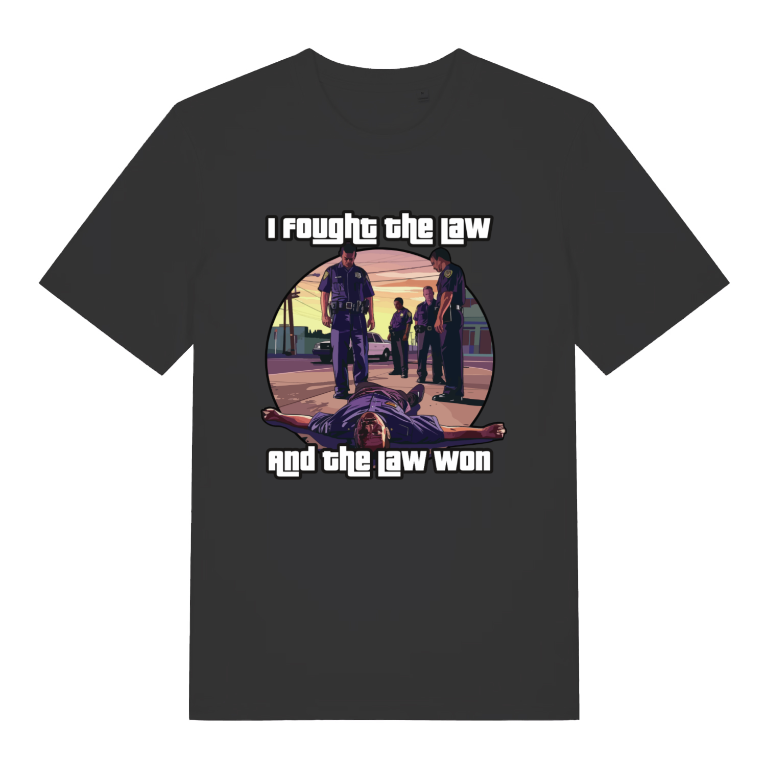 Black I Fought The Law funny graphic t-shirt with GTA-style police scene and bold “I fought the law and the law won” text  
