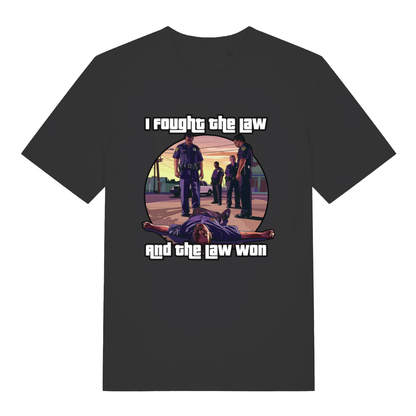 Black I Fought The Law funny graphic t-shirt with GTA-style police scene and bold “I fought the law and the law won” text  