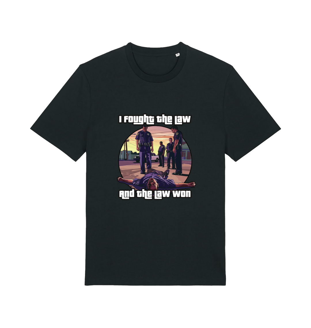 black music t-shirt with a GTA style graphic and the slogan 'i fought the law and the law won'