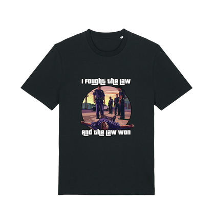 black music t-shirt with a GTA style graphic and the slogan 'i fought the law and the law won'