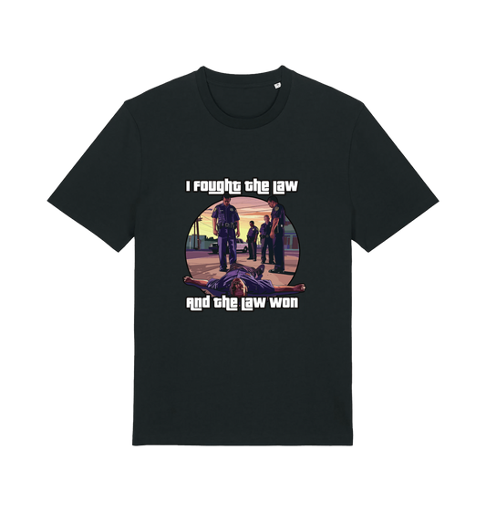 black music t-shirt with a GTA style graphic and the slogan 'i fought the law and the law won'