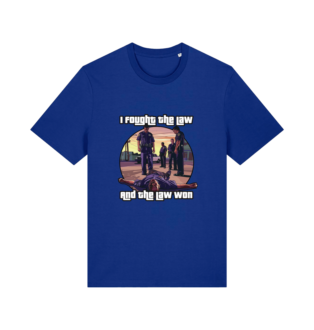blue music t-shirt with a GTA style graphic and the slogan 'i fought the law and the law won'