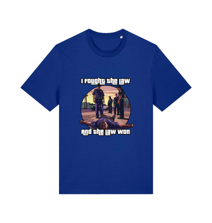 blue music t-shirt with a GTA style graphic and the slogan 'i fought the law and the law won'