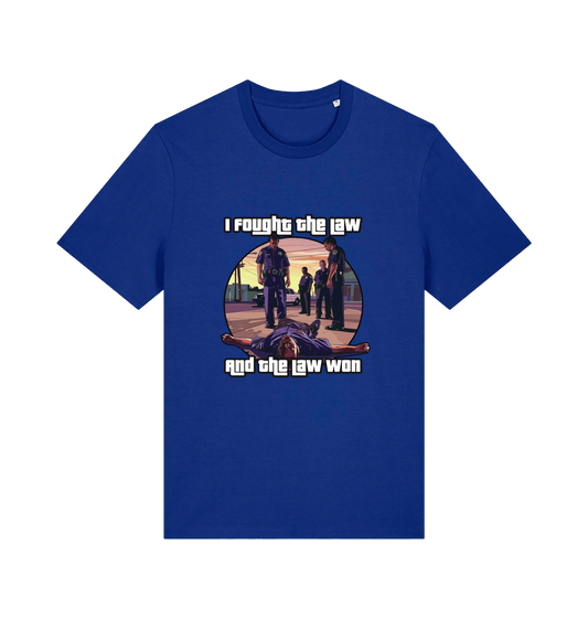 blue music t-shirt with a GTA style graphic and the slogan 'i fought the law and the law won'