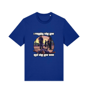 blue music t-shirt with a GTA style graphic and the slogan 'i fought the law and the law won'