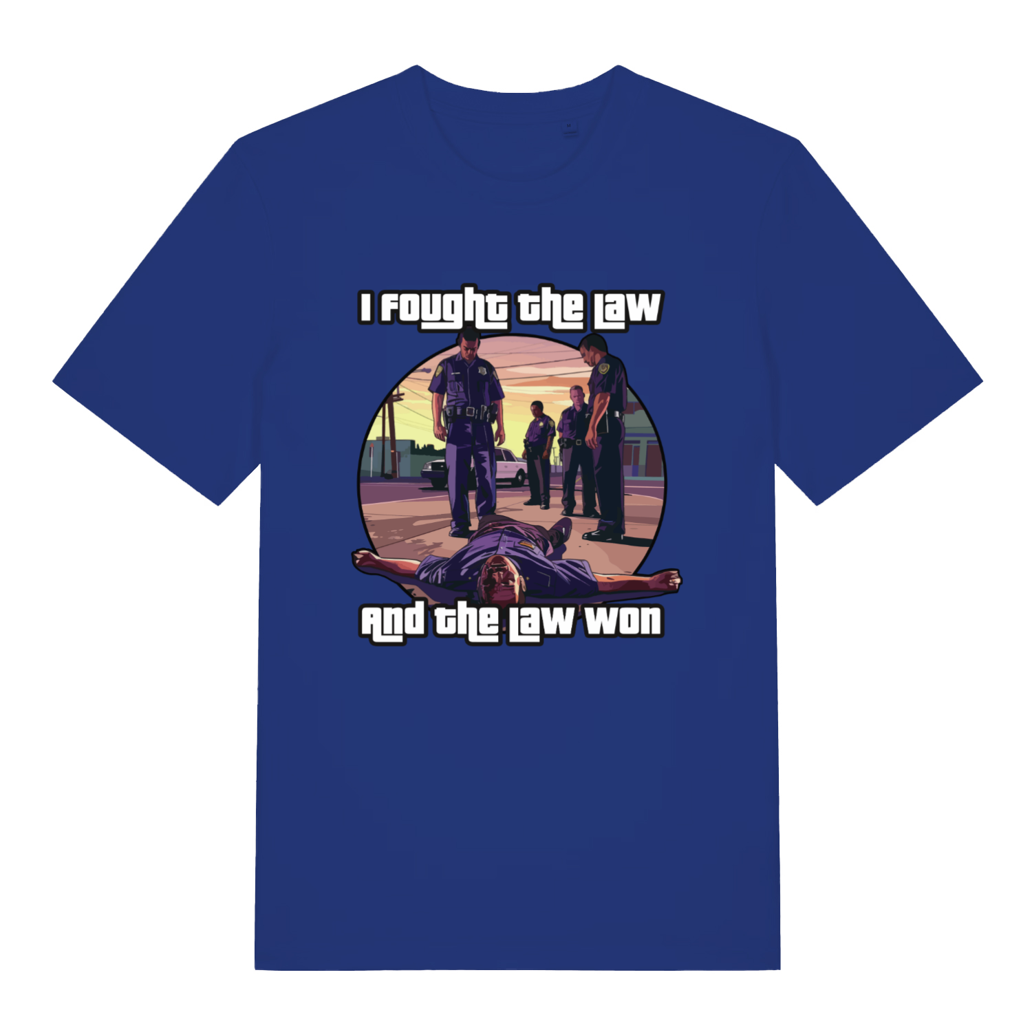 Blue I Fought The Law funny graphic t-shirt featuring gaming-inspired arrest scene and “I fought the law and the law won” slogan  