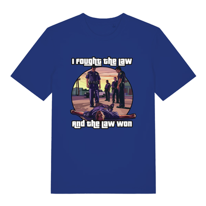 Blue I Fought The Law funny graphic t-shirt featuring gaming-inspired arrest scene and “I fought the law and the law won” slogan  