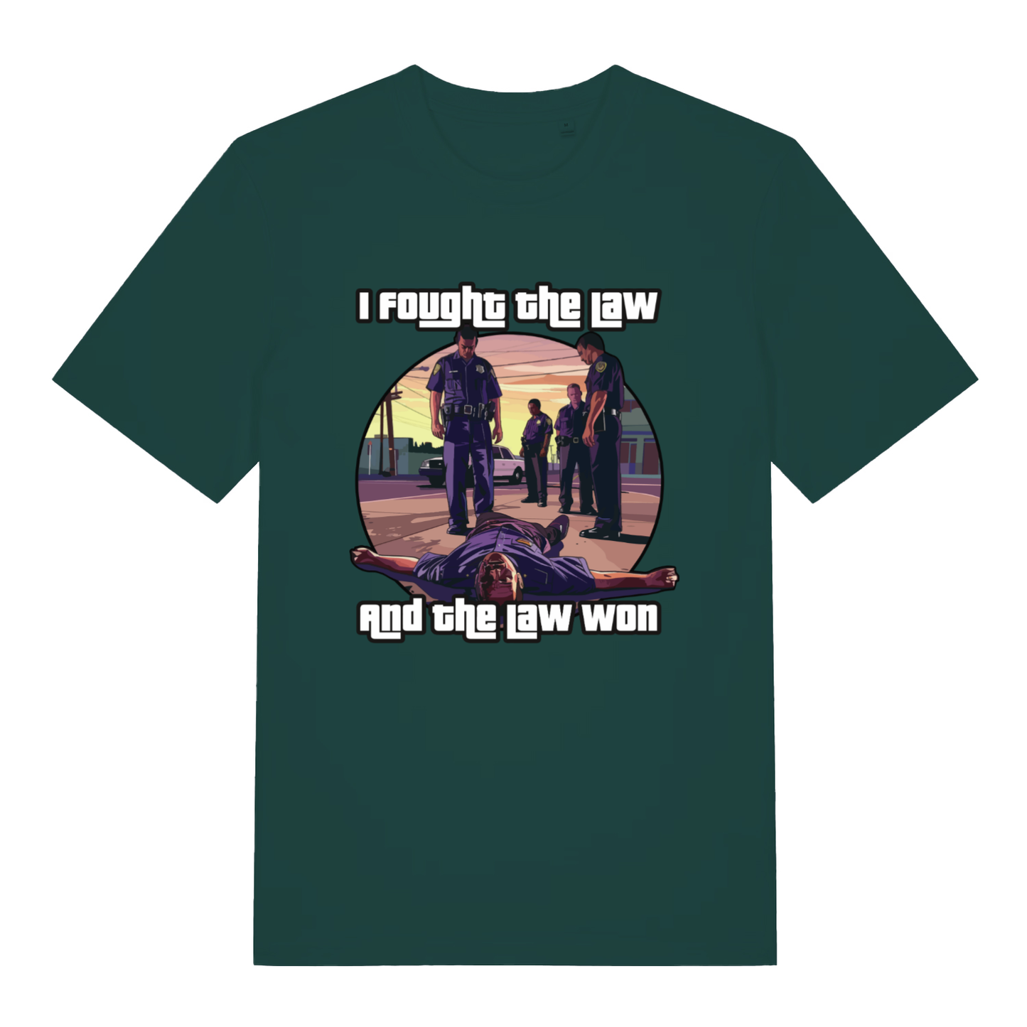 Green I Fought The Law funny graphic t-shirt showing classic police takedown artwork with “I fought the law and the law won” lettering  